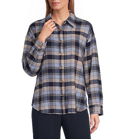 Ali Miles Knit Textured Mix Plaid Wire Collar 3/4 Sleeve Button Front Shirt