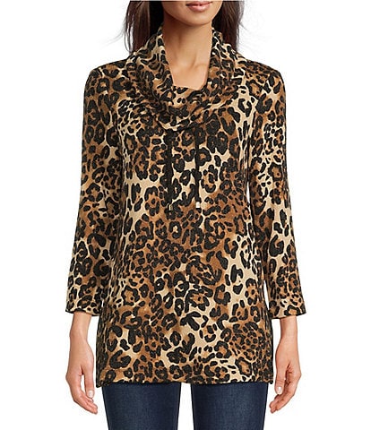Ali Miles Leopard Print Texture Knit Cowl Neck Long Sleeve Tunic