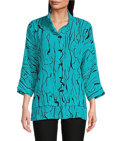 Ali Miles Line Abstract Print Woven Wire Collar 3/4 Sleeve Button-Front Tunic
