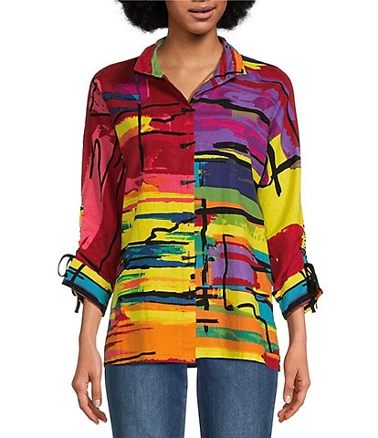 Ali Miles Linen Blend Multi Abstract Print Wire Collar 3/4 Sleeve Button-Front Tunic