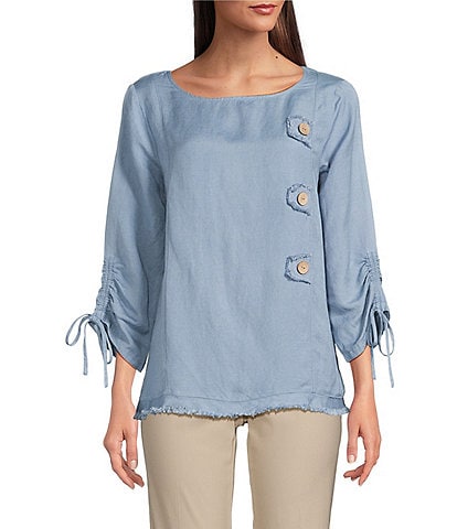 Ali Miles Linen Blend Solid Round Neck 3/4 Cinched Tie Sleeve Tunic