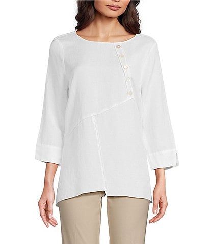Ali Miles Linen Blend V-Neck 3/4 Sleeve Asymmetrical Button Detail Tunic