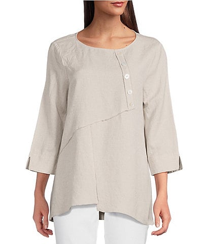 Ali Miles Linen Blend V-Neck 3/4 Sleeve Asymmetrical Button Detail Tunic