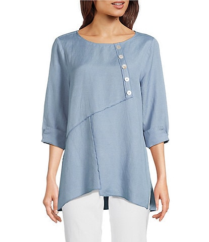 Ali Miles Linen Blend V-Neck 3/4 Sleeve Asymmetrical Button Detail Tunic