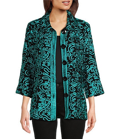 Ali Miles Mesh Embroidered Collared 3/4 Sleeve Button Down Front Jacket