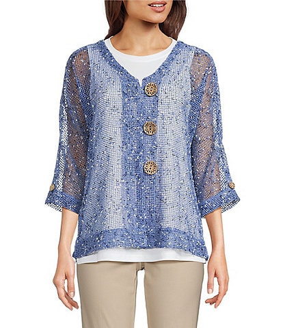 Ali Miles Mesh Woven V-Neck Elbow Sleeve Jacket
