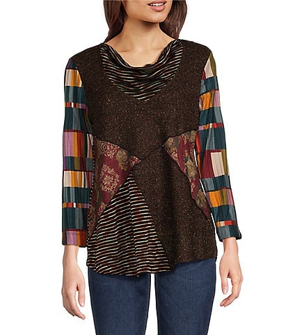 Ali Miles Mixed Media Patch Cowl Neck 3/4 Sleeve Tunic