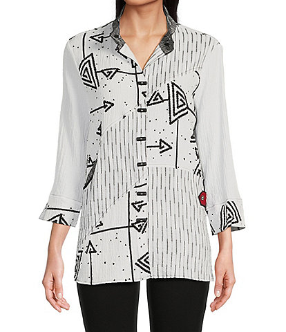 Ali Miles Mixed-Media Stripe & Abstract Wire Collar 3/4 Sleeve Button-Front Tunic