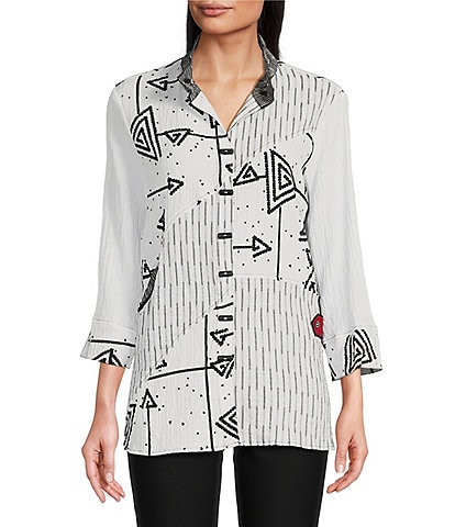 Ali Miles Mixed-Media Stripe & Abstract Wire Collar 3/4 Sleeve Button-Front Tunic