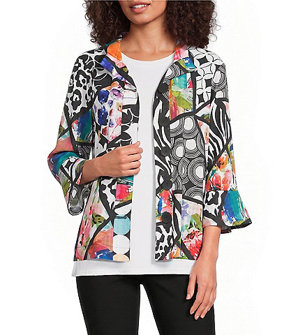 Ali Miles Multi Abstract Wire Collar 3/4 Sleeve Button Front Jacket