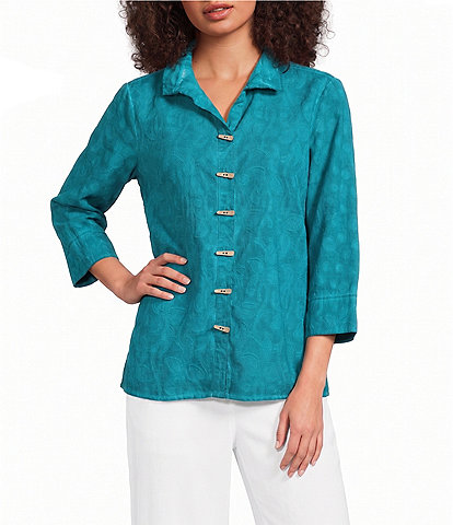 Ali Miles Paisley Jacquard Textured Wire Collar 3/4 Sleeve Button-Front Shirt