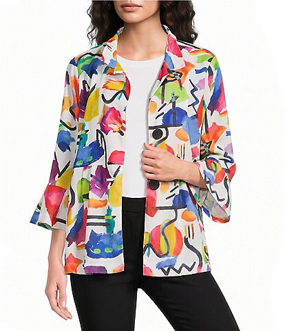 Ali Miles Petite Size Abstract Multi Wire Collar 3/4 Flounce Sleeve Button Front Jacket
