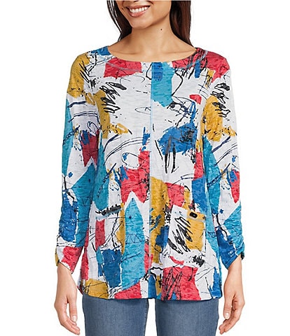Ali Miles Petite Size Abstract Print Knit Round Neck 3/4 Sleeve Tunic