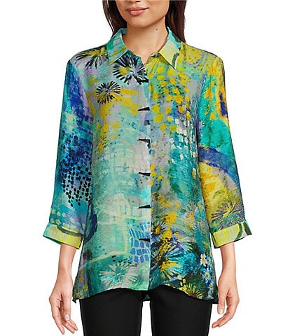 Ali Miles Petite Size Abstract Print Point Collar 3/4 Sleeve Button-Front Tunic