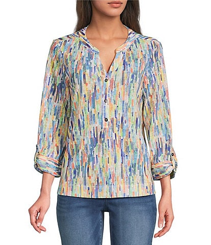 Ali Miles Petite Size Abstract Print Split V-Neck 3/4 Roll-Tab Sleeve Tunic