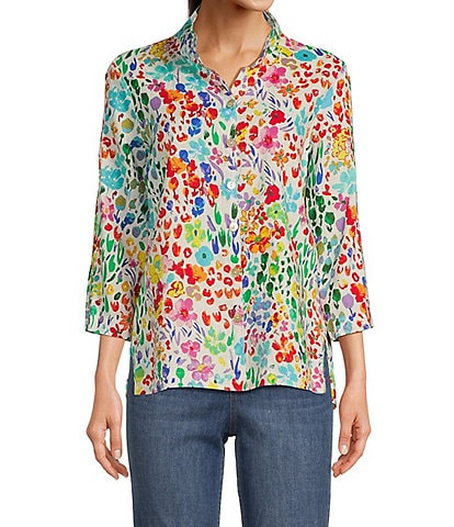 Ali Miles Petite Size Allover Floral Print Linen 3/4 Sleeve Button-Front High-Low Tunic
