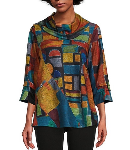 Ali Miles Petite Size Brushed Knit Abstract Print Cowl Neck 3/4 Sleeve Pintuck Detail Tunic