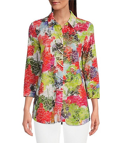 Ali Miles Petite Size Burnout Knit Multi Floral Print Point Collar 3/4 Sleeve Button Front Top