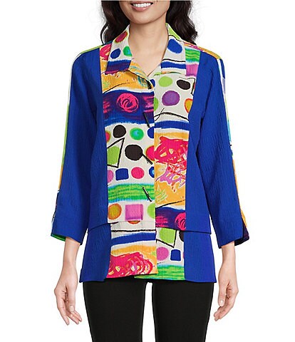 Ali Miles Petite Size Color Blocked Abstract Print Point Collar 3/4 Sleeve High-Low Hem Tunic