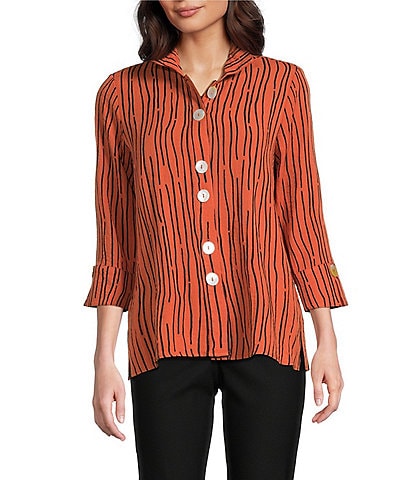 Ali Miles Petite Size Crinkle Woven Abstract Stripe Wire Collar 3/4 Sleeve Button Front Tunic