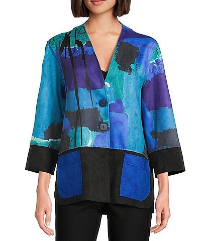 Ali Miles Petite Size Faux Suede Abstract Stand Collar Long Cuffed Sleeve Button Front Jacket