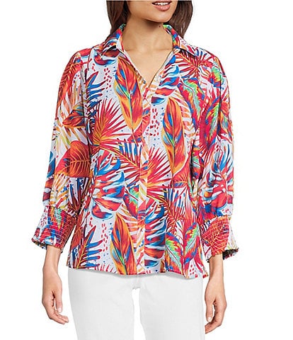 Ali Miles Petite Size Floral Point Collar 3/4 Sleeve Tunic