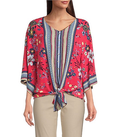 Ali Miles Petite Size Floral Print V-Neck 3/4 Sleeve Front Tie Tunic