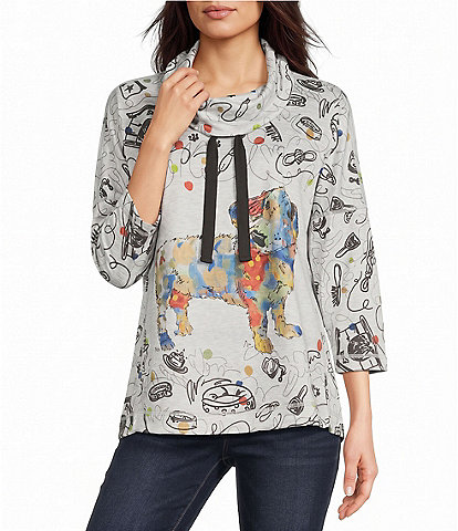 Ali Miles Petite Size Knit Abstract Dog Cowl Neck Drawstring Long Sleeve Pullover