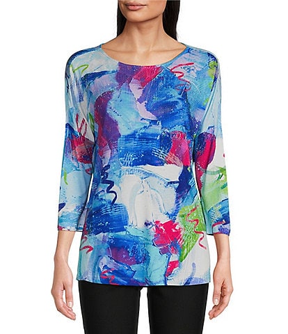 Ali Miles Petite Size Knit Abstract Print Round Neck 3/4 Sleeve Tunic