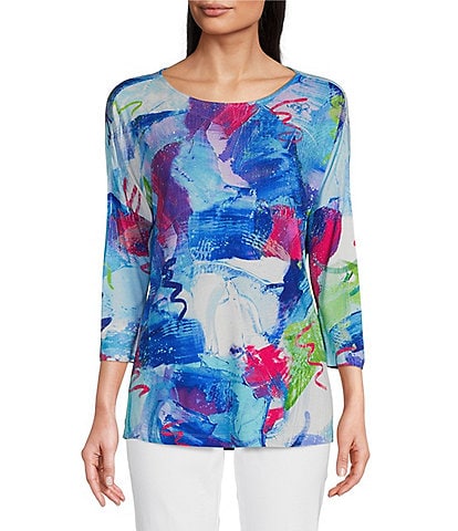 Ali Miles Petite Size Knit Abstract Print Round Neck 3/4 Sleeve Tunic