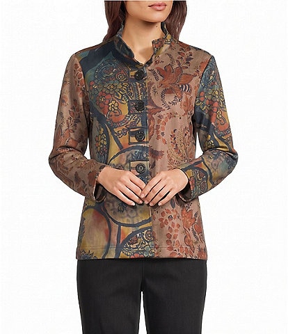 Ali Miles Petite Size Knit Floral Abstract Point Collar Long Sleeve Button Front Jacket