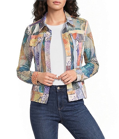 Ali Miles Petite Size Knit Mesh Point Collar Long Sleeve Button Front Jacket