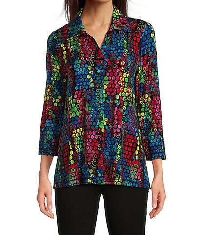 Ali Miles Petite Size Knit Abstract Tile Print Point Collar 3/4 Sleeve Hi-Low Hem Button-Front Tunic