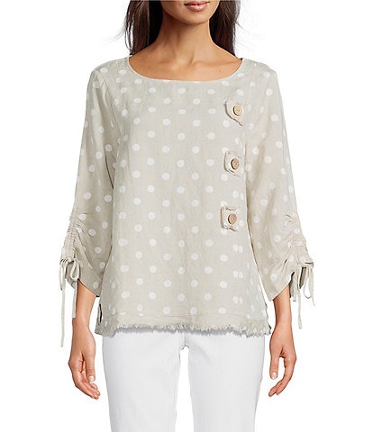 Ali Miles Petite Size Linen Blend Allover Pigment Dotted Round Neck 3/4 Cinched Tie Sleeve Tunic