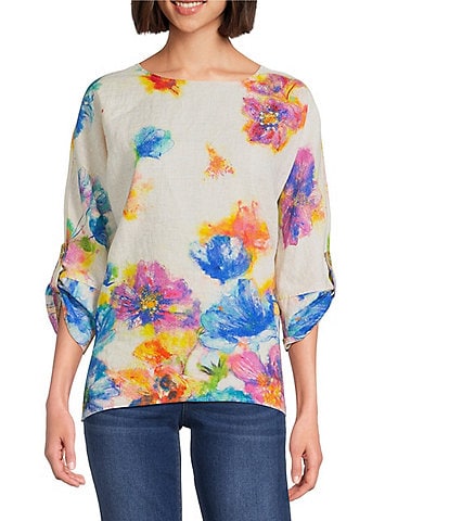 Ali Miles Petite Size Linen Blend Multi Floral Round Neck 3/4 Dolman Roll-Tab Sleeve Tunic