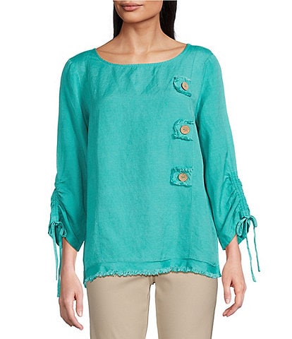 Ali Miles Petite Size Linen Blend Solid Round Neck 3/4 Cinched Tie Sleeve Tunic