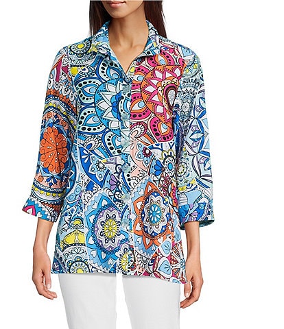 Ali Miles Petite Size Medallion Print Wire Collar 3/4 Sleeves Button Front Tunic