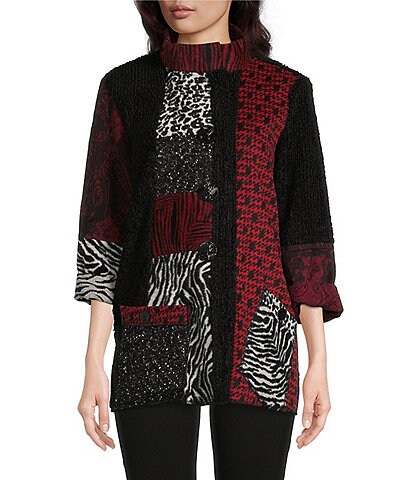 Ali Miles Petite Size Multi Patchwork Print Funnel Neck 3/4 Cuffed Sleeve Button Front Statement Jacket