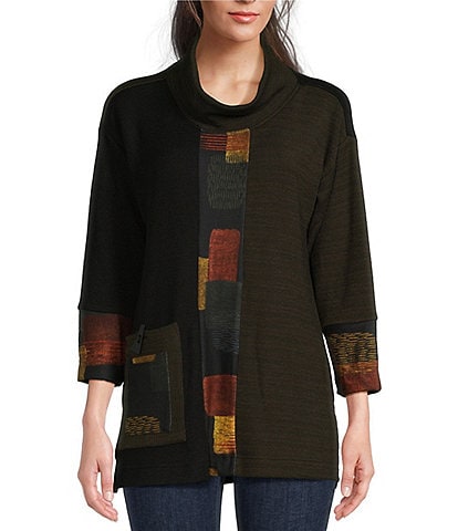 Ali Miles Petite Size Printed Ribbed Textured Knit Cowl Neck Long Sleeve Patch Pocket Tunic