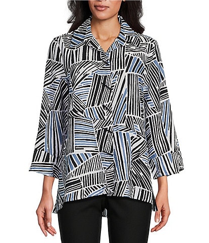 Ali Miles Petite Size Printed Woven Wire Collar 3/4 Sleeve Asymmetric Hem Button-Front Tunic