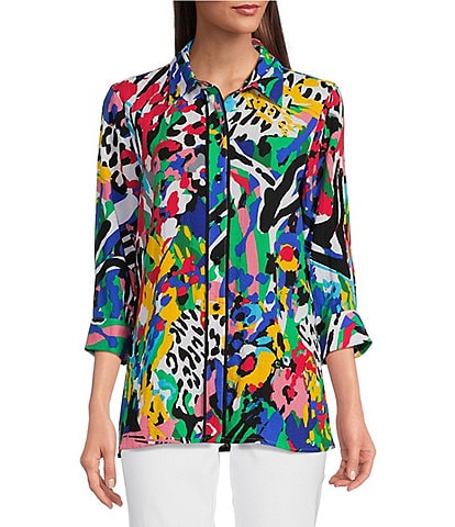 Ali Miles Petite Size Printed Woven Wire Collar 3/4 Sleeve Contrast Trim Detail Button-Front Tunic