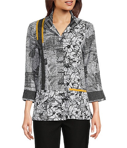 Ali Miles Petite Size Puckered Woven Printed Wire Collar 3/4 Sleeve Contrast Trim Button Front Tunic