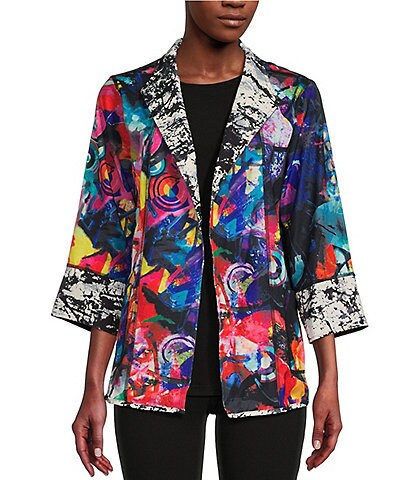 Ali Miles Petite Size Reversible Abstract Print Open Front 3/4 Sleeve Woven Jacket