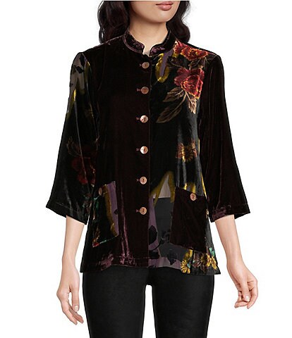 Ali Miles Petite Size Soli and Floral Patchwork Print 3/4 Sleeve Banded Mock Neck Button Front Velvet Tunic