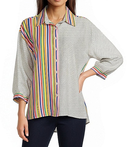 Ali Miles Petite Size Solid Multi Stripe Point Collar 3/4 Sleeve High-Low Hem Button-Front Shirt