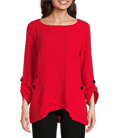 Ali Miles Petite Size Solid Puckered Woven Crew Neck 3/4 Roll-Tab Sleeve Button Accent Detail Tunic