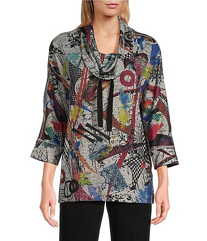 Ali Miles Petite Size Stretch Knit Abstract Print Cowl Neck 3/4 Sleeve Front Pouch Pocket Popover Tunic