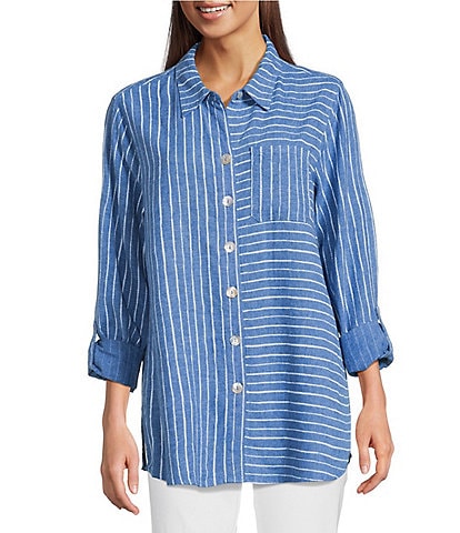 Ali Miles Petite Size Stripe Linen Blend Point Collar 3/4 Roll-Tab Sleeves Button Front Shirt