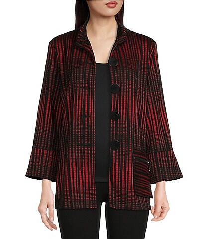 Ali Miles Petite Size Textured Jacquard Knit Wire Collar Long Bell Cuff Sleeve Button Front Statement Jacket