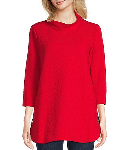 Ali Miles Petite Size Textured Knit Funnel Neck 3/4 Sleeve Button Detail Tunic